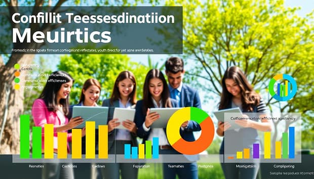 A modern, visually engaging infographic illustrating "conflict resolution metrics" related to youth team dynamics. In the foreground, display bar graphs and pie charts showcasing various metrics like communication effectiveness and team satisfaction, with vibrant colors like green, blue, and yellow. In the middle ground, include a diverse group of young professionals in business attire, analyzing the data on tablets and laptops, fostering an atmosphere of collaboration. In the background, a serene outdoor setting symbolizes growth and harmony, with trees and a bright blue sky. Use soft, natural lighting to create a warm and optimistic mood, captured at a slight angle to emphasize depth and interaction among the group. A modern, visually engaging infographic illustrating "conflict resolution metrics" related to youth team dynamics. In the foreground, display bar graphs and pie charts showcasing various metrics like communication effectiveness and team satisfaction, with vibrant colors like green, blue, and yellow. In the middle ground, include a diverse group of young professionals in business attire, analyzing the data on tablets and laptops, fostering an atmosphere of collaboration. In the background, a serene outdoor setting symbolizes growth and harmony, with trees and a bright blue sky. Use soft, natural lighting to create a warm and optimistic mood, captured at a slight angle to emphasize depth and interaction among the group.