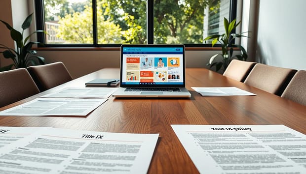 A professional workspace featuring a detailed Title IX policy document spread out on a wooden conference table. The foreground showcases crisp, well-organized sheets outlining youth sports equity, highlighted with bullet points and clear headings. In the middle, a laptop displays an online resource hub dedicated to gender-equitable youth sports programs, with a few colorful infographics visible on the screen. The background includes a large window allowing natural light to stream in, casting soft shadows across the scene. Lush greenery is visible outside. The atmosphere feels focused and collaborative, emphasizing inclusivity and professionalism. The image should evoke a sense of purpose and dedication to fairness in youth sports, with no humans present. The composition should be framed at a slight angle to give depth, using a warm color palette to instill an inviting mood. A professional workspace featuring a detailed Title IX policy document spread out on a wooden conference table. The foreground showcases crisp, well-organized sheets outlining youth sports equity, highlighted with bullet points and clear headings. In the middle, a laptop displays an online resource hub dedicated to gender-equitable youth sports programs, with a few colorful infographics visible on the screen. The background includes a large window allowing natural light to stream in, casting soft shadows across the scene. Lush greenery is visible outside. The atmosphere feels focused and collaborative, emphasizing inclusivity and professionalism. The image should evoke a sense of purpose and dedication to fairness in youth sports, with no humans present. The composition should be framed at a slight angle to give depth, using a warm color palette to instill an inviting mood.