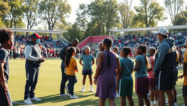 A scene depicting a culturally responsive coaching session on a vibrant community sports field. In the foreground, a diverse group of coaches, dressed in professional athletic gear, engage with young athletes from various cultural backgrounds, fostering teamwork and inclusivity. The middle ground showcases an interactive coaching demonstration, with coaches utilizing culturally relevant strategies, emphasizing communication and respect. In the background, a lively sports complex filled with spectators highlights an atmosphere of community support and pride. Soft afternoon sunlight filters through trees, casting gentle shadows, while a warm, encouraging mood permeates the environment, inviting connection and growth. The composition is captured from a low angle to enhance the depth and engagement of the scene, with a focus on the interactions between coaches and athletes. A scene depicting a culturally responsive coaching session on a vibrant community sports field. In the foreground, a diverse group of coaches, dressed in professional athletic gear, engage with young athletes from various cultural backgrounds, fostering teamwork and inclusivity. The middle ground showcases an interactive coaching demonstration, with coaches utilizing culturally relevant strategies, emphasizing communication and respect. In the background, a lively sports complex filled with spectators highlights an atmosphere of community support and pride. Soft afternoon sunlight filters through trees, casting gentle shadows, while a warm, encouraging mood permeates the environment, inviting connection and growth. The composition is captured from a low angle to enhance the depth and engagement of the scene, with a focus on the interactions between coaches and athletes.