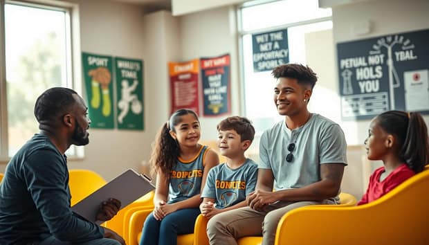 A serene and focused coaching environment depicting a diverse group of youth team members engaged in a restorative discipline coaching session. In the foreground, a middle-aged, male coach in a smart casual outfit, holding a clipboard, stands encouragingly next to a young girl and boy who seem engaged in a collaborative discussion. In the middle, two additional players share thoughtful expressions while seated on bright, comfortable chairs. The background features a sports-themed space with motivational posters on the walls and soft daylight coming through large windows, creating a warm and inviting atmosphere. The scene captures an ambiance of support and growth, emphasizing teamwork and resolution. The image should be sharp, with a slight depth of field to keep focus on the coaching interaction, highlighting the positive emotional connection between coach and players. A serene and focused coaching environment depicting a diverse group of youth team members engaged in a restorative discipline coaching session. In the foreground, a middle-aged, male coach in a smart casual outfit, holding a clipboard, stands encouragingly next to a young girl and boy who seem engaged in a collaborative discussion. In the middle, two additional players share thoughtful expressions while seated on bright, comfortable chairs. The background features a sports-themed space with motivational posters on the walls and soft daylight coming through large windows, creating a warm and inviting atmosphere. The scene captures an ambiance of support and growth, emphasizing teamwork and resolution. The image should be sharp, with a slight depth of field to keep focus on the coaching interaction, highlighting the positive emotional connection between coach and players.