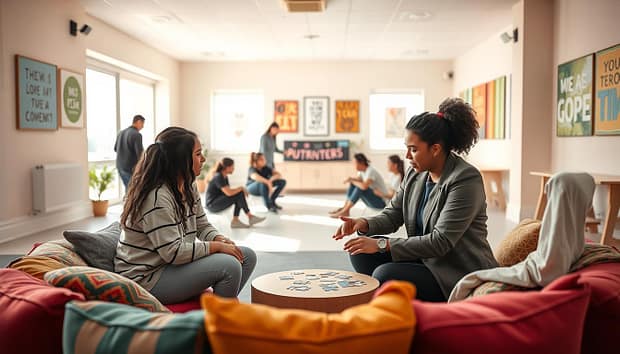 A serene and structured practice environment designed for at-risk youth, showcasing small groups of diverse teenagers engaging in constructive activities. In the foreground, a circular seating arrangement with vibrant cushions fosters collaboration; two teens, one in a smart casual outfit and the other in a professional style, are discussing collaboratively over a puzzle. The middle ground features a bright, open space with supportive coaches guiding youth in various exercises, emphasizing trust and teamwork. In the background, large windows allow natural light to flood the area, illuminating soft pastel-colored walls adorned with motivational art. The atmosphere is warm and inviting, creating a sense of safety and inclusion, ideal for healing and growth. The image is captured with a soft-focus lens to enhance the feeling of warmth and connection, evoking a sense of empowerment and belonging. A serene and structured practice environment designed for at-risk youth, showcasing small groups of diverse teenagers engaging in constructive activities. In the foreground, a circular seating arrangement with vibrant cushions fosters collaboration; two teens, one in a smart casual outfit and the other in a professional style, are discussing collaboratively over a puzzle. The middle ground features a bright, open space with supportive coaches guiding youth in various exercises, emphasizing trust and teamwork. In the background, large windows allow natural light to flood the area, illuminating soft pastel-colored walls adorned with motivational art. The atmosphere is warm and inviting, creating a sense of safety and inclusion, ideal for healing and growth. The image is captured with a soft-focus lens to enhance the feeling of warmth and connection, evoking a sense of empowerment and belonging.