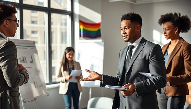 A serene office setting with a diverse group of young adults actively engaging in a meeting about LGBTQ+ inclusion. In the foreground, a confident person of color in a tailored suit presents a harassment response protocol document, gesturing towards visual charts on a whiteboard. The middle area features two other professionals—one Asian and one Black, both in casual business attire—reviewing documents and taking notes. Bright, natural light streams in through large windows, casting soft shadows, creating a warm and welcoming atmosphere. In the background, a colorful Pride flag subtly hangs on the wall, symbolizing inclusivity. The overall mood is focused and collaborative, emphasizing safety and support in handling harassment within team dynamics. A serene office setting with a diverse group of young adults actively engaging in a meeting about LGBTQ+ inclusion. In the foreground, a confident person of color in a tailored suit presents a harassment response protocol document, gesturing towards visual charts on a whiteboard. The middle area features two other professionals—one Asian and one Black, both in casual business attire—reviewing documents and taking notes. Bright, natural light streams in through large windows, casting soft shadows, creating a warm and welcoming atmosphere. In the background, a colorful Pride flag subtly hangs on the wall, symbolizing inclusivity. The overall mood is focused and collaborative, emphasizing safety and support in handling harassment within team dynamics.