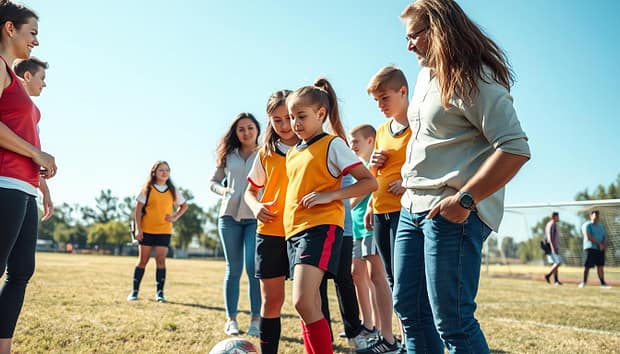 A warm, outdoor youth soccer field during a sunny afternoon, where a diverse group of parents and young athletes engage in lively conversation. In the foreground, a mother and father, both dressed in smart casual attire, are shown attentively listening to their child, a teenage girl in sports gear with a soccer ball at her feet. In the middle, other parents and kids are also interacting, showcasing various expressions of enthusiasm and support. The background features a clear blue sky and the outlines of trees and sports equipment, capturing the essence of teamwork and community. Soft sunlight bathes the scene, creating a positive and encouraging atmosphere that highlights the importance of open communication in youth sports. The perspective is slightly angled to emphasize the connection between the families and their young athletes. A warm, outdoor youth soccer field during a sunny afternoon, where a diverse group of parents and young athletes engage in lively conversation. In the foreground, a mother and father, both dressed in smart casual attire, are shown attentively listening to their child, a teenage girl in sports gear with a soccer ball at her feet. In the middle, other parents and kids are also interacting, showcasing various expressions of enthusiasm and support. The background features a clear blue sky and the outlines of trees and sports equipment, capturing the essence of teamwork and community. Soft sunlight bathes the scene, creating a positive and encouraging atmosphere that highlights the importance of open communication in youth sports. The perspective is slightly angled to emphasize the connection between the families and their young athletes.