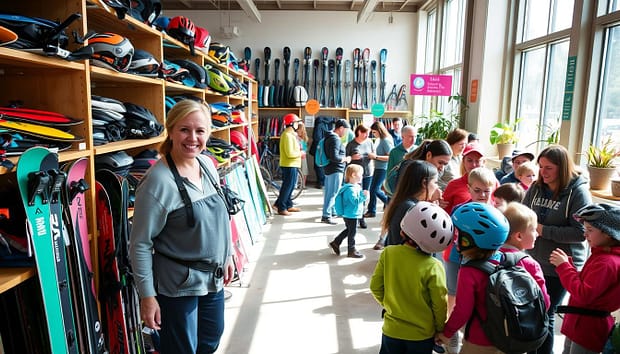 A well-organized gear donation library system, featuring neatly arranged shelves filled with various outdoor sports equipment such as skis, snowboards, bikes, and hiking gear. In the foreground, a cheerful volunteer in modest attire is assisting families in selecting gear, while children eagerly try on helmets and backpacks. The middle ground captures diverse groups of individuals interacting and examining equipment, showcasing a sense of community involvement. Bright, natural lighting filters through large windows, creating an inviting atmosphere. In the background, colorful signage demarcates different sections for easy navigation, and potted plants add warmth to the space. The overall mood is positive and encouraging, emphasizing accessibility and support for outdoor activities. A well-organized gear donation library system, featuring neatly arranged shelves filled with various outdoor sports equipment such as skis, snowboards, bikes, and hiking gear. In the foreground, a cheerful volunteer in modest attire is assisting families in selecting gear, while children eagerly try on helmets and backpacks. The middle ground captures diverse groups of individuals interacting and examining equipment, showcasing a sense of community involvement. Bright, natural lighting filters through large windows, creating an inviting atmosphere. In the background, colorful signage demarcates different sections for easy navigation, and potted plants add warmth to the space. The overall mood is positive and encouraging, emphasizing accessibility and support for outdoor activities.