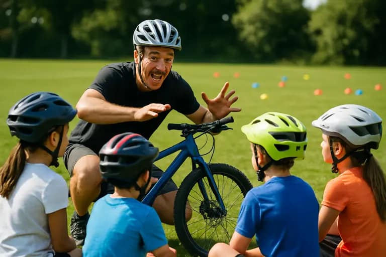 Coach kneels beside young riders during a bike safety lesson on cones and spacing