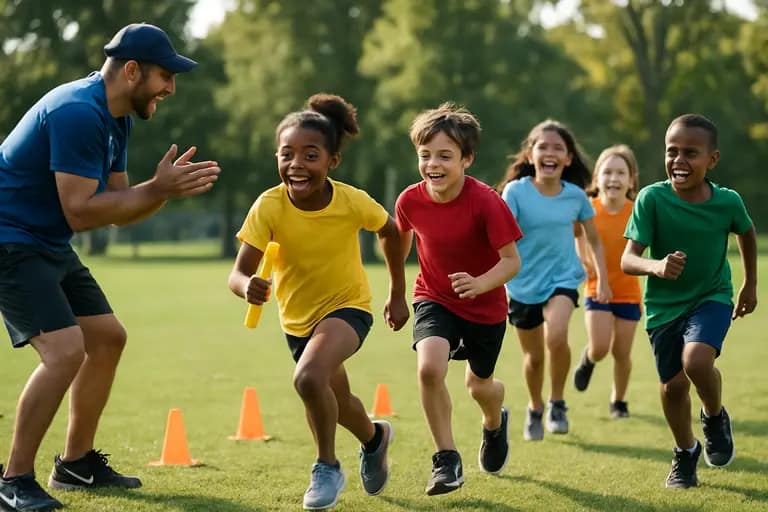 Coach speaking with a young athlete beside a school field after drills