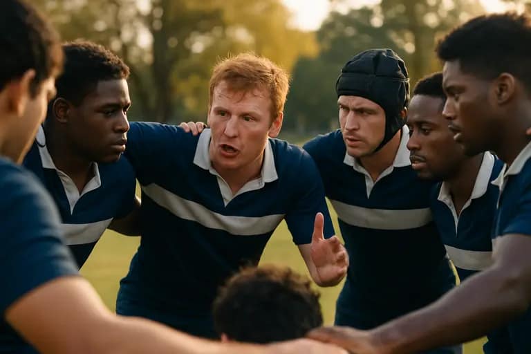 Coach speaking with young rugby players in a sideline huddle