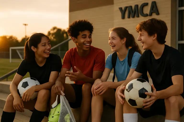 Families and youth players gathering near a small soccer pitch in a community park
