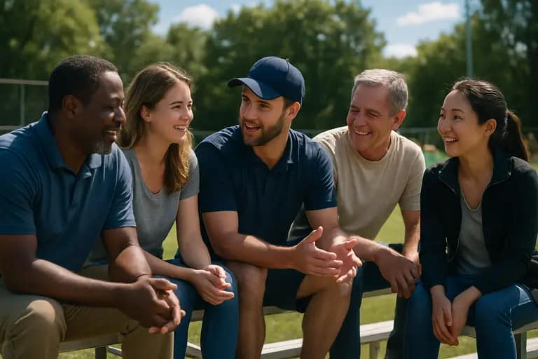Families watching student athletes train near a school athletic facility