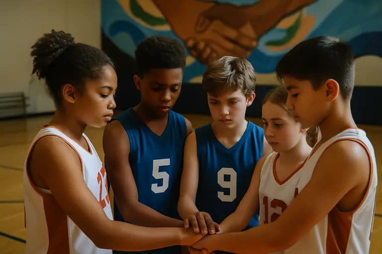 Youth athletes from different backgrounds gathering with a coach on a field