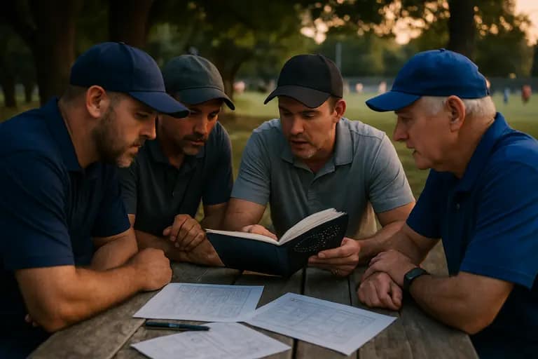 Assistant coaches review a practice sheet while athletes stretch nearby