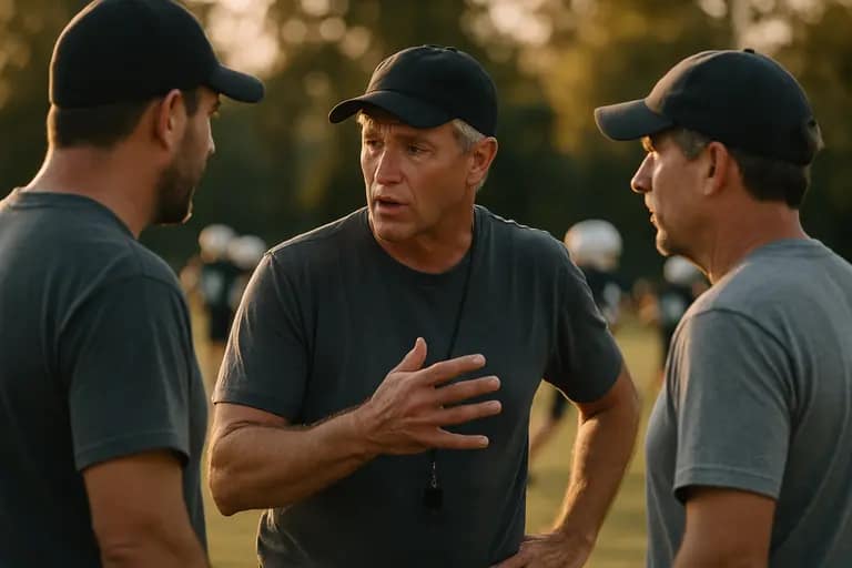 Coach speaking with student-athletes beside a softball field fence