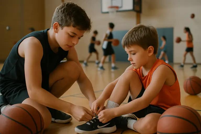 Coach speaks with a small group of teen basketball players during practice