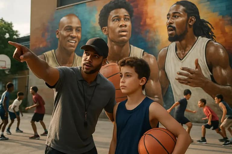 Families and coaches watch youth basketball players practice in a school gym