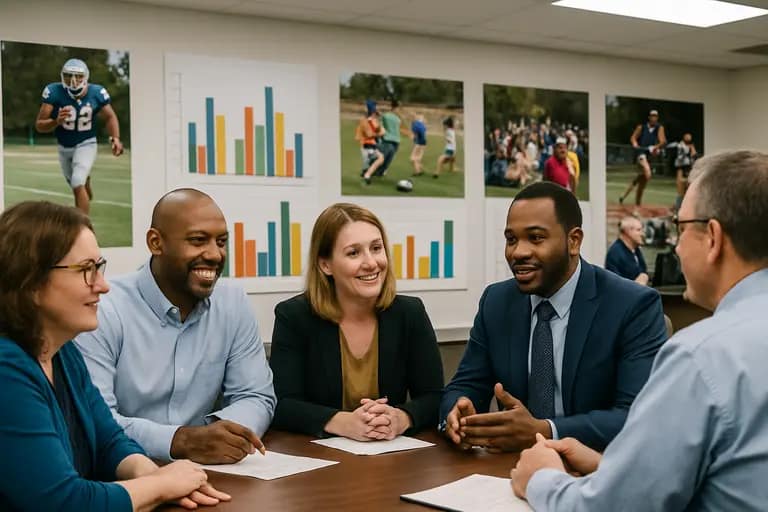 School athletic staff meeting with coaches around a table