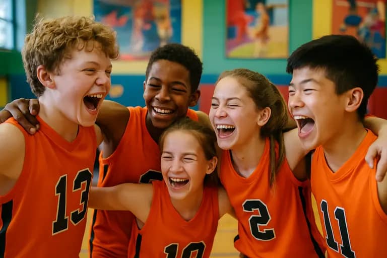 Youth team gathered with a coach during a calm sideline talk